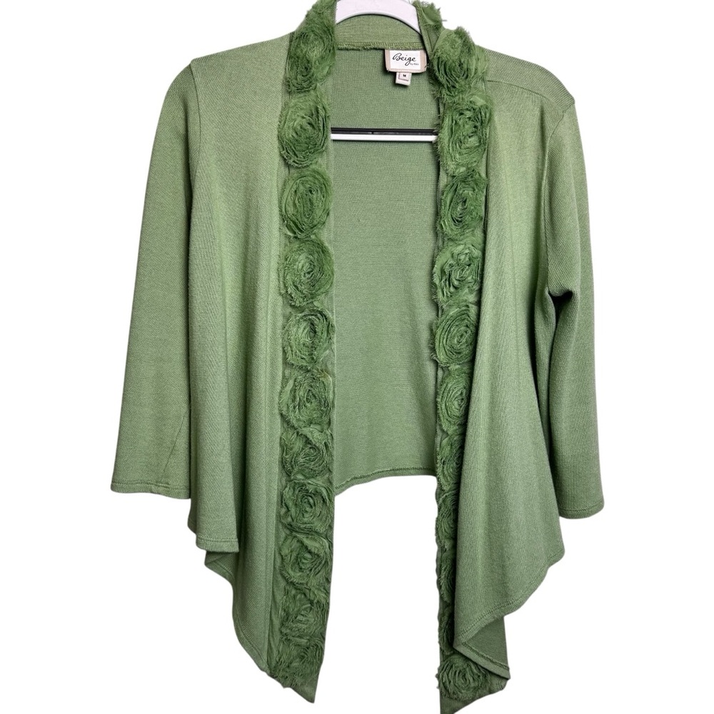 Beige by ECI pastel green floral rosette embellished open front cardigan size M